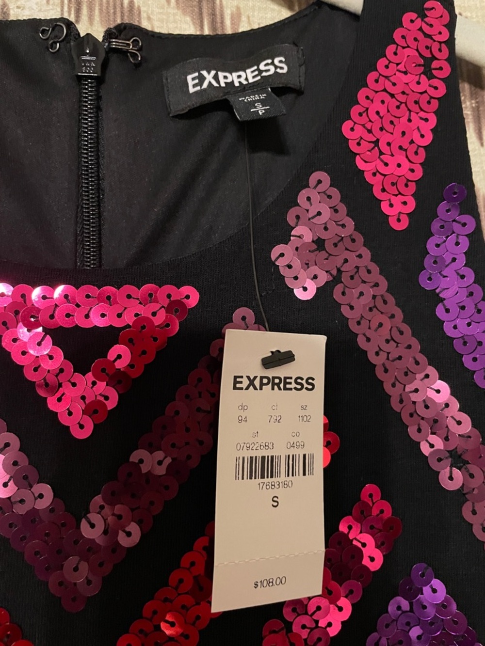 Express Black Shift Dress with Fuchsia & Purple Sequins - Picture 2 of 5